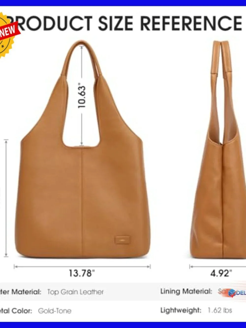 Large Leather Tote Bag with Laptop Compartment, Zipper Closure Hobo